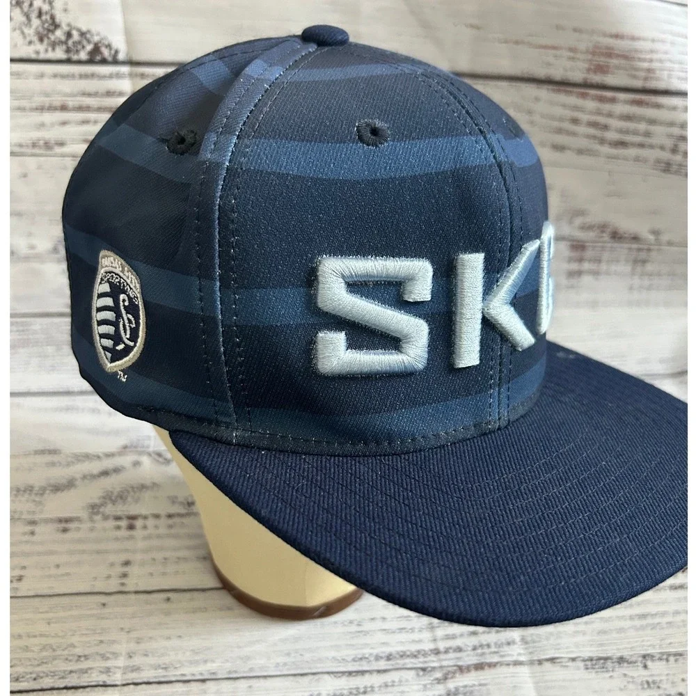 Adidas Sporting Kansas City SKC MLS Snapback Hat Navy Blue Striped Flat Brim Cap